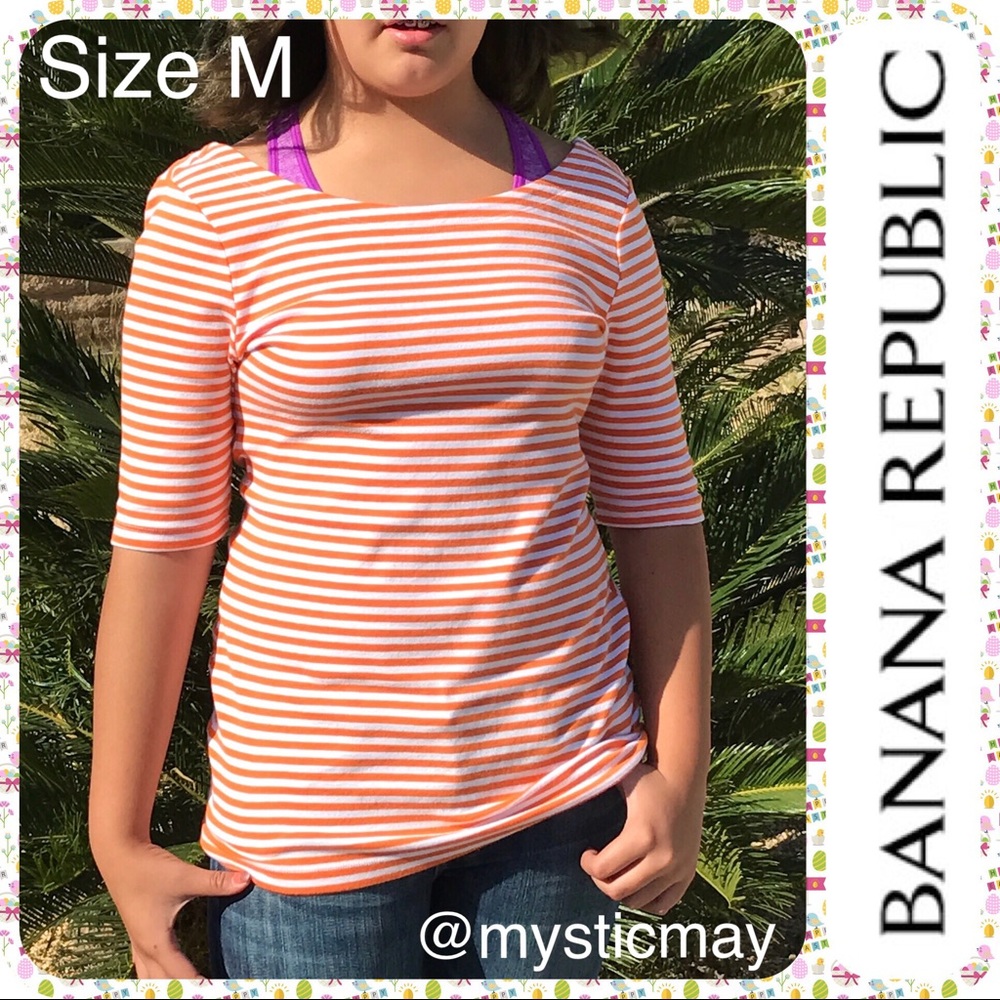BANANA REPUBLIC Orange & White Stripe Knit Boatneck Tunic Top Size M or 10/12